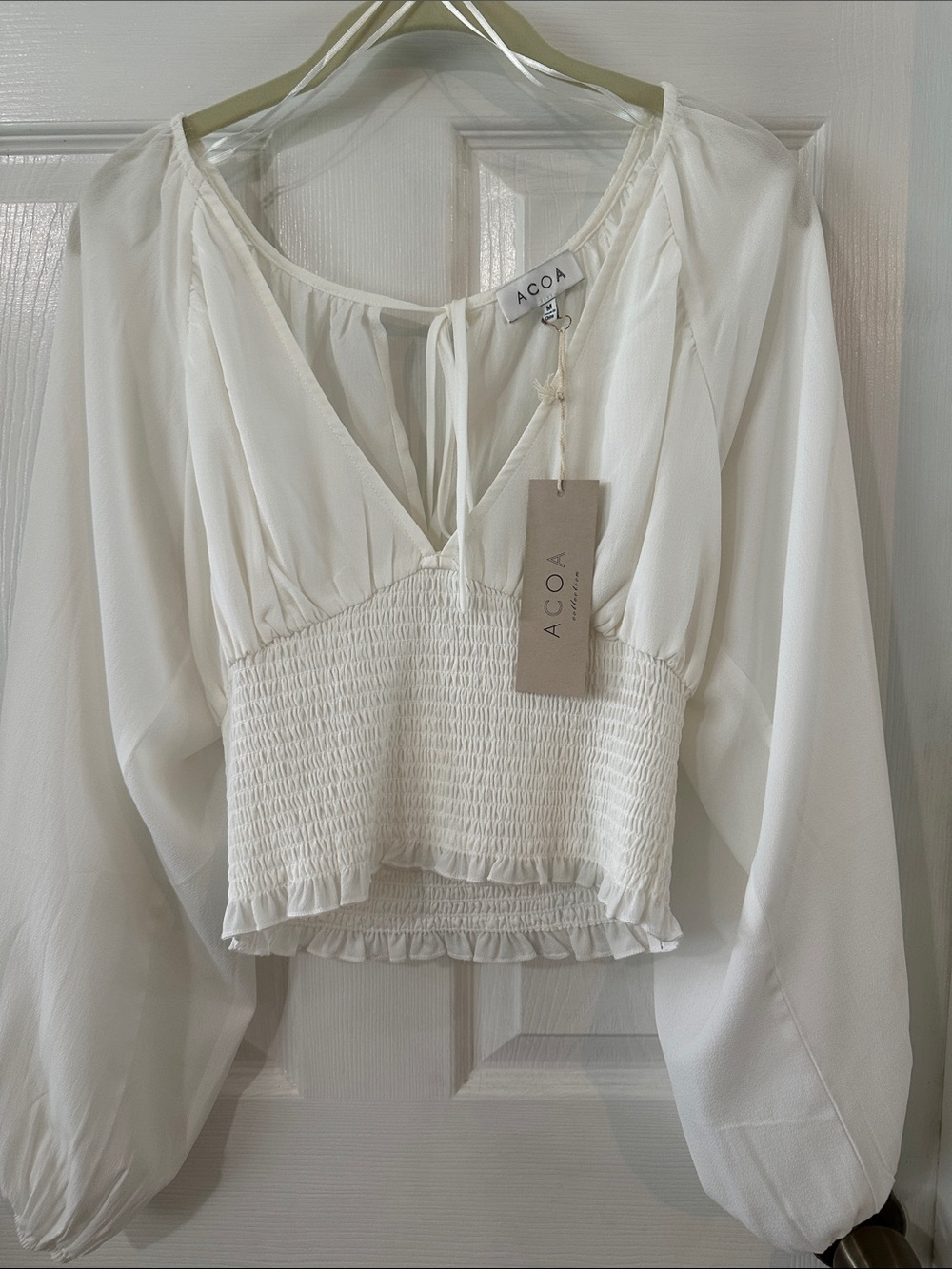 White Smocked Waist Long Sleeve V-Neck Blouse Acoa Medium